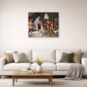 Unframed poster print of Raphael's Queen of Sheba and Solomon displayed on a wall in a living room