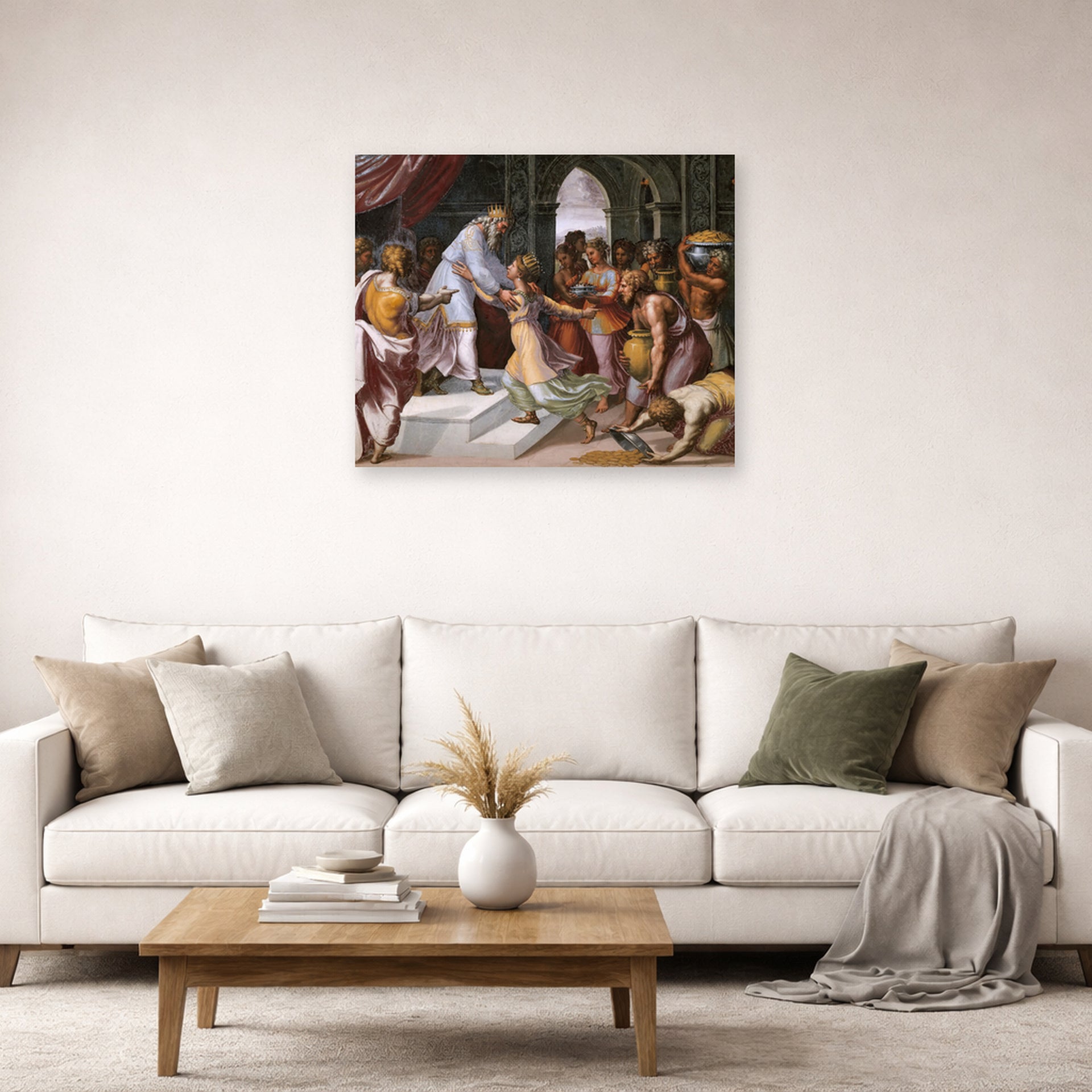 Unframed poster print of Raphael's Queen of Sheba and Solomon displayed on a wall in a living room