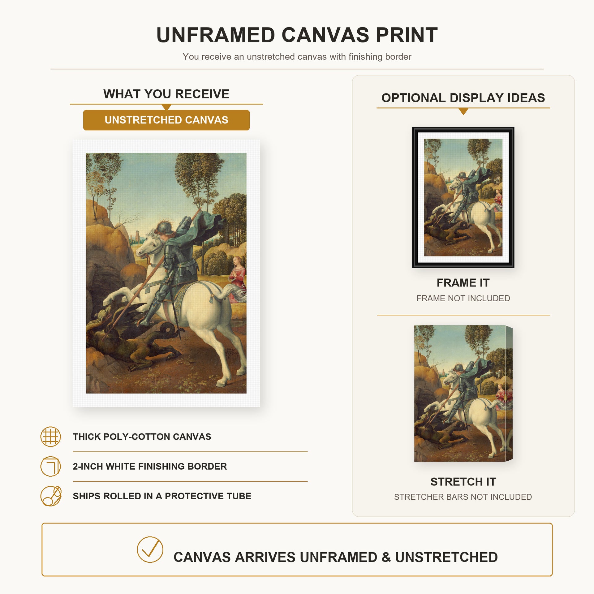 Raphael - Saint George and the Dragon canvas print size comparison and framing display infographic