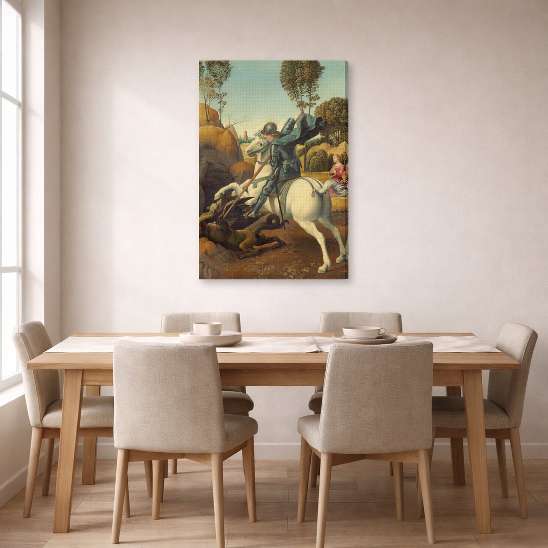Gallery-wrapped canvas print of Raphael's Saint George and the Dragon displayed on a wall in a dining
