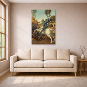 Gallery-wrapped canvas print of Raphael's Saint George and the Dragon displayed on a wall in a living room