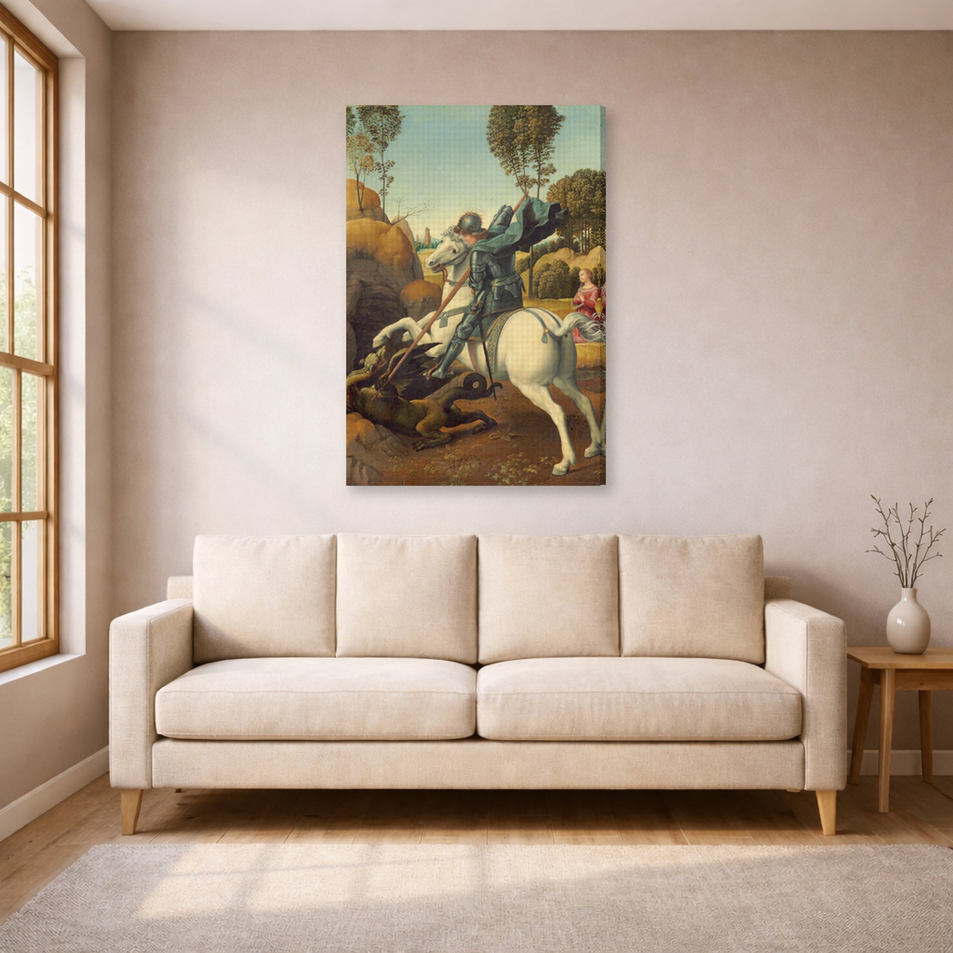 Gallery-wrapped canvas print of Raphael's Saint George and the Dragon displayed on a wall in a living room
