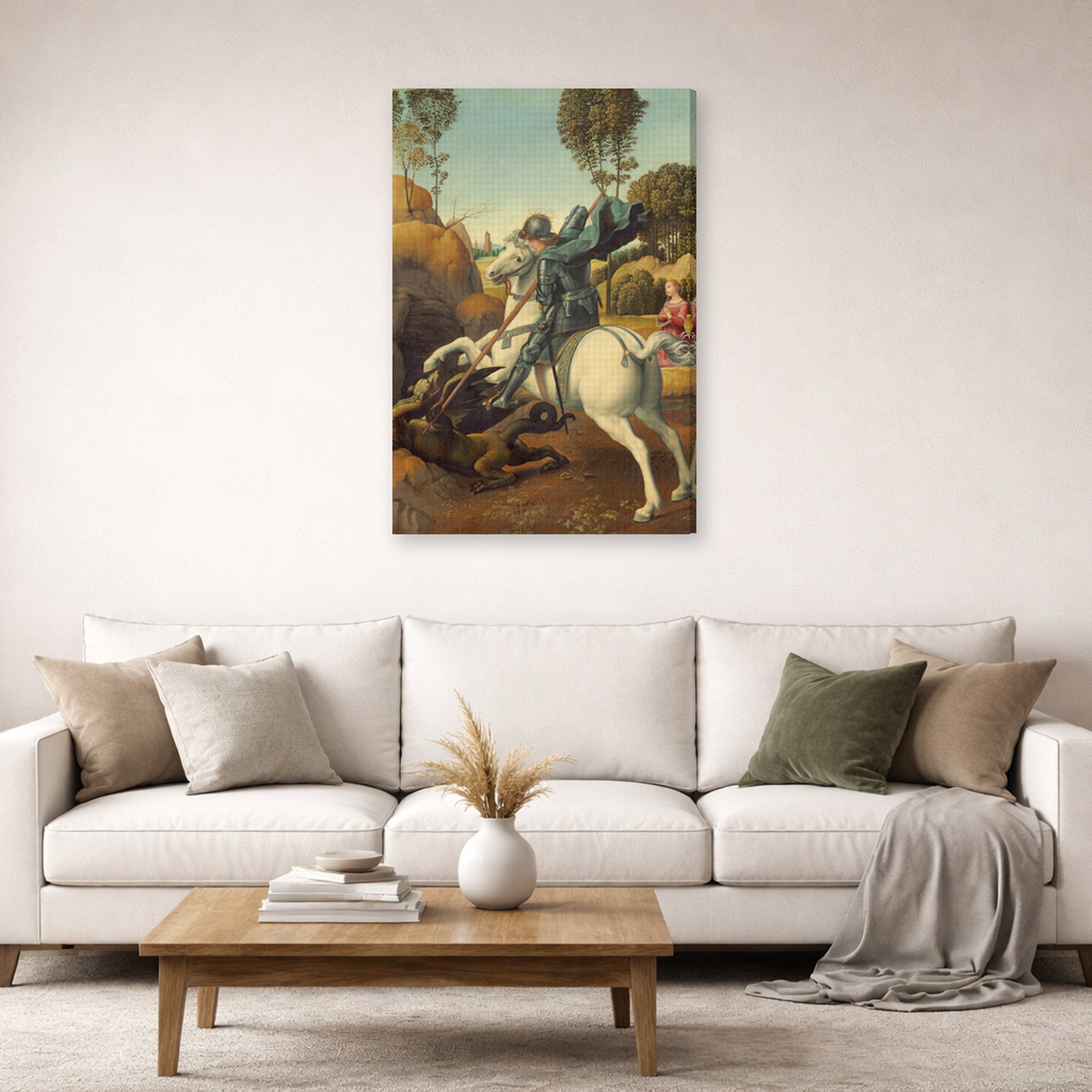 Gallery-wrapped canvas print of Raphael's Saint George and the Dragon displayed on a wall in a living room