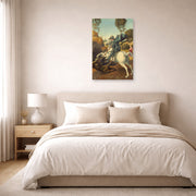 Unframed poster print of Raphael's Saint George and the Dragon displayed on a wall in a bedroom