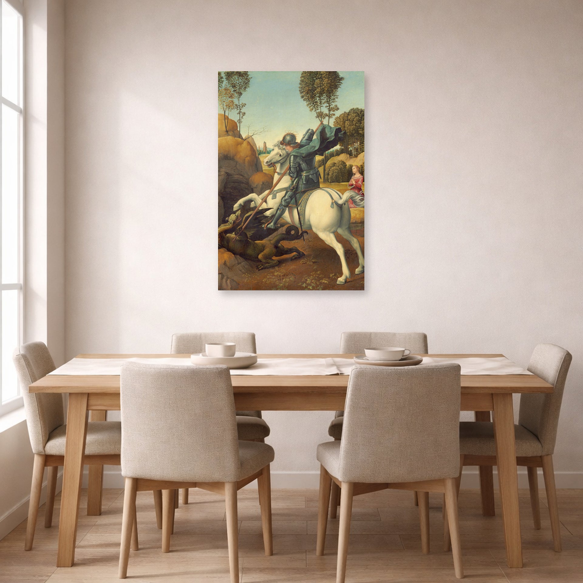 Unframed poster print of Raphael's Saint George and the Dragon displayed on a wall in a dining