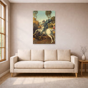 Unframed poster print of Raphael's Saint George and the Dragon displayed on a wall in a living room