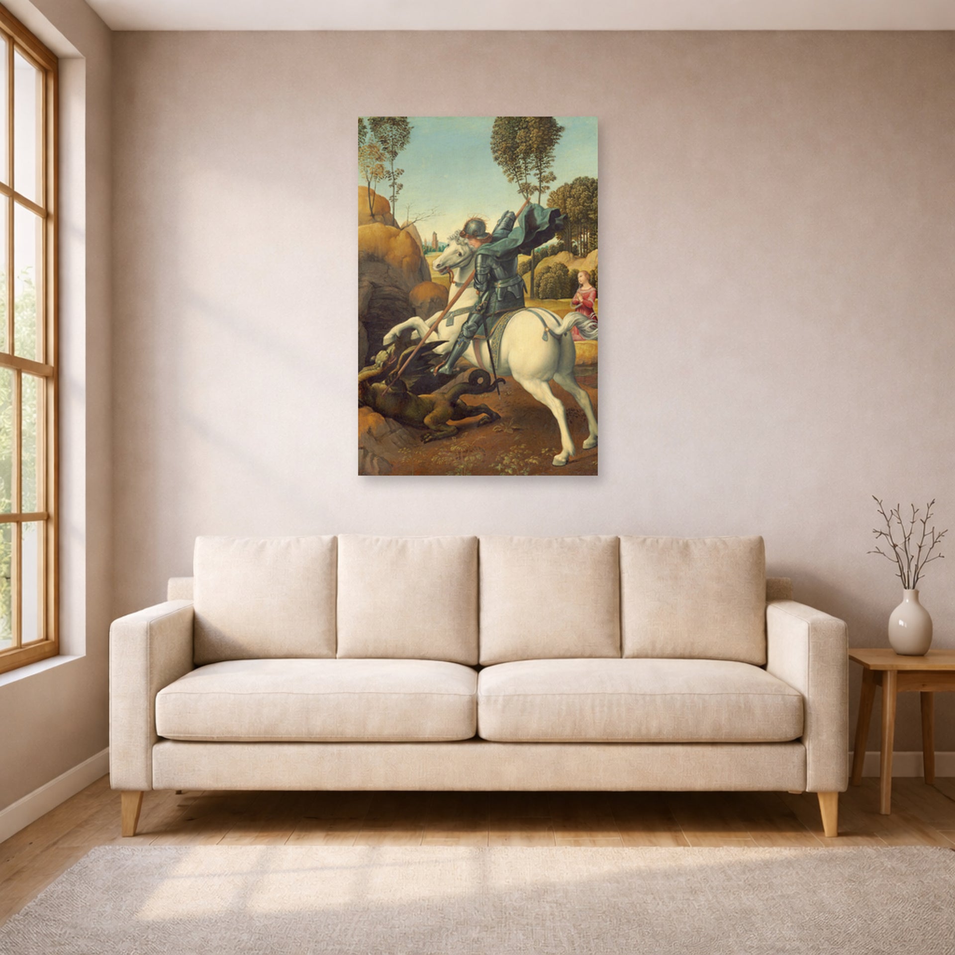 Unframed poster print of Raphael's Saint George and the Dragon displayed on a wall in a living room
