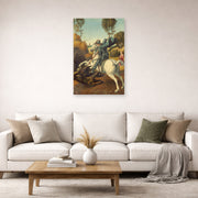 Unframed poster print of Raphael's Saint George and the Dragon displayed on a wall in a living room