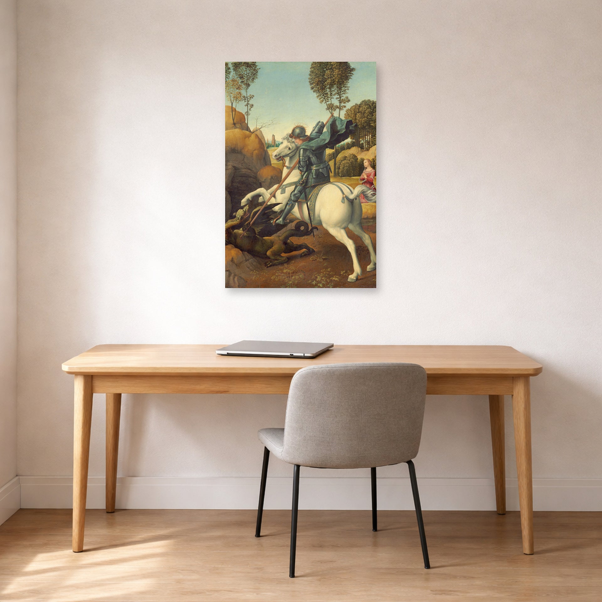 Unframed poster print of Raphael's Saint George and the Dragon displayed on a wall in a office