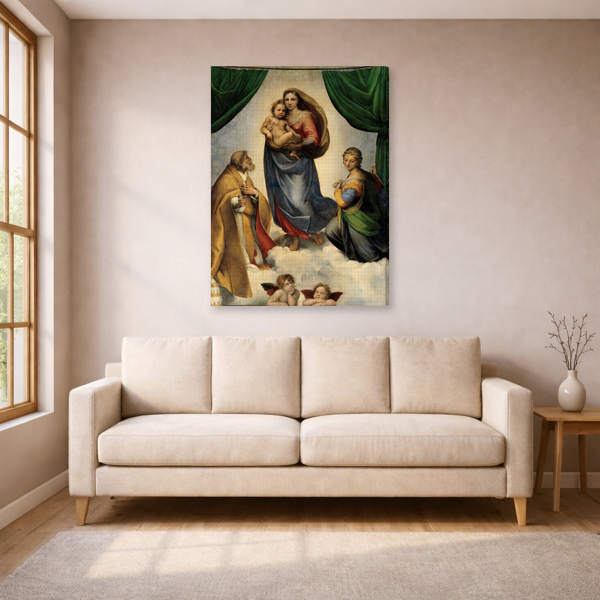 Gallery-wrapped canvas print of Raphael's Sistine Madonna displayed on a wall in a living room