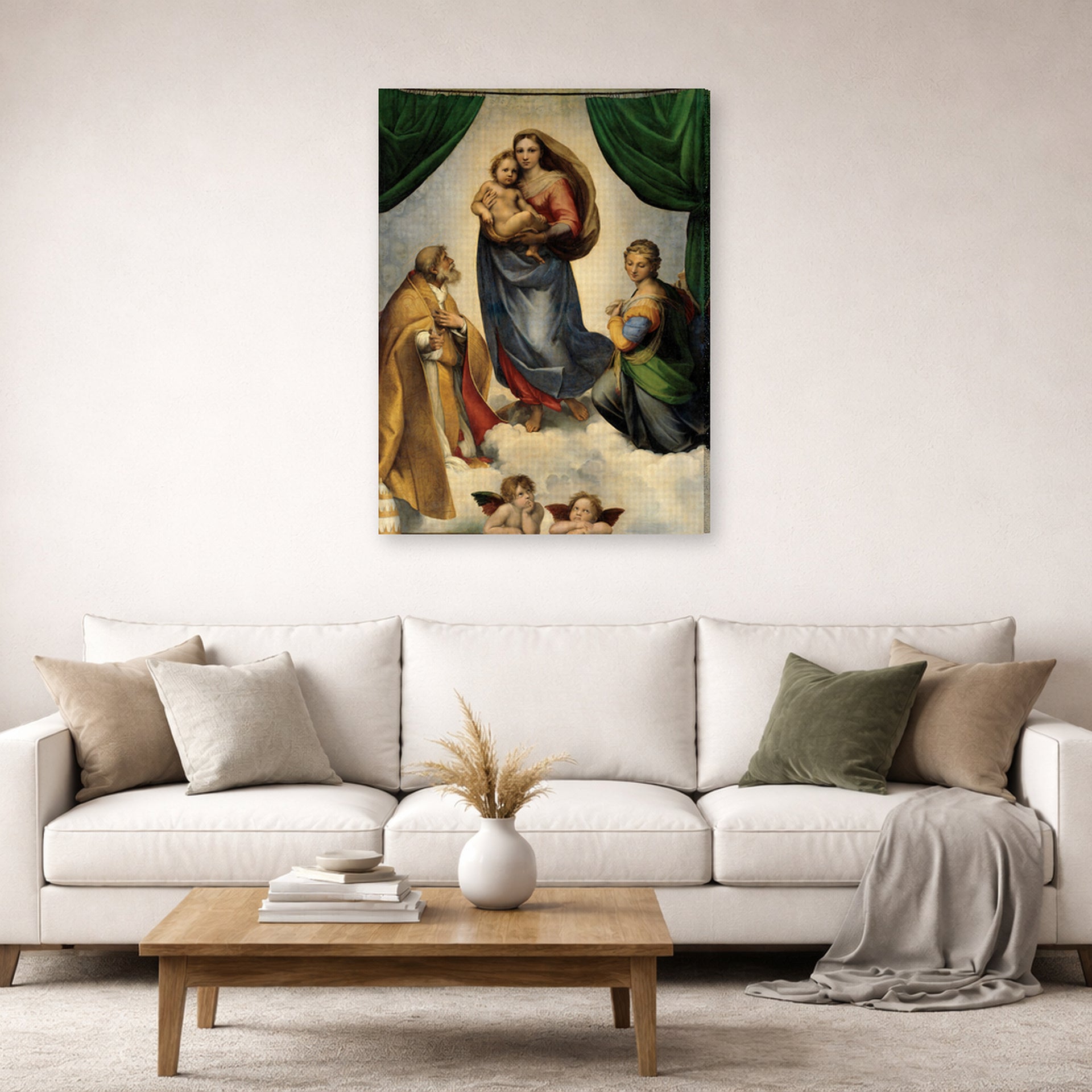 Gallery-wrapped canvas print of Raphael's Sistine Madonna displayed on a wall in a living room