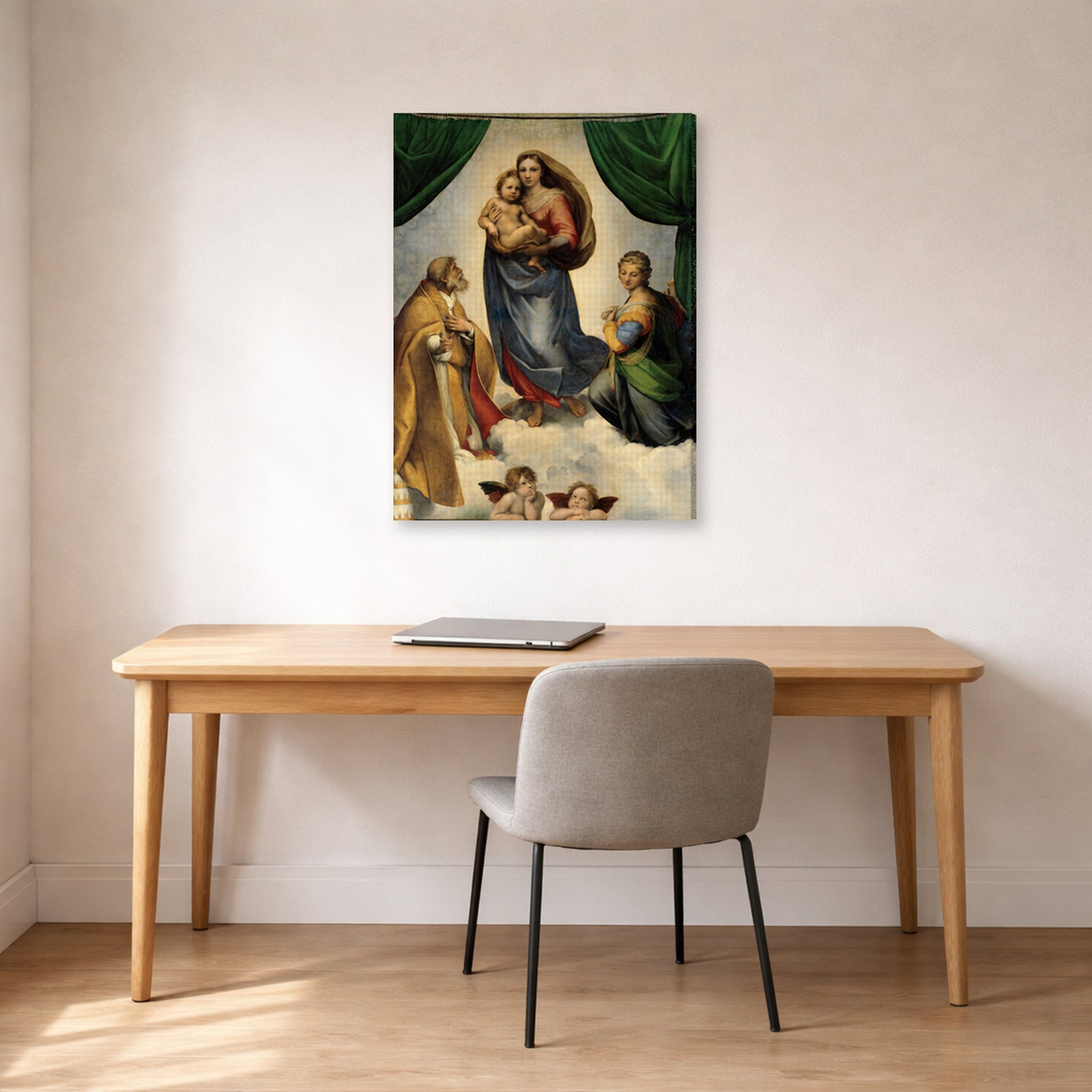Gallery-wrapped canvas print of Raphael's Sistine Madonna displayed on a wall in a office