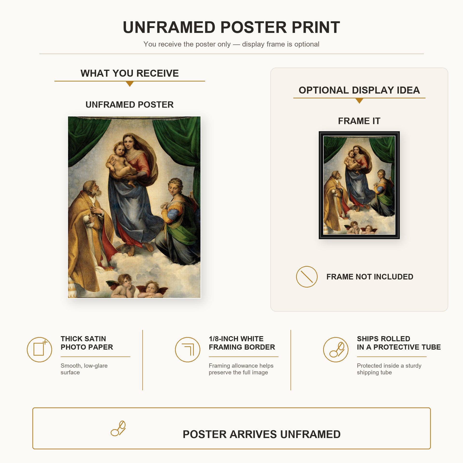 Raphael - Sistine Madonna poster print size comparison and framing display infographic