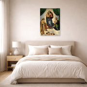 Unframed poster print of Raphael's Sistine Madonna displayed on a wall in a bedroom