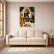 Unframed poster print of Raphael's Sistine Madonna displayed on a wall in a living room