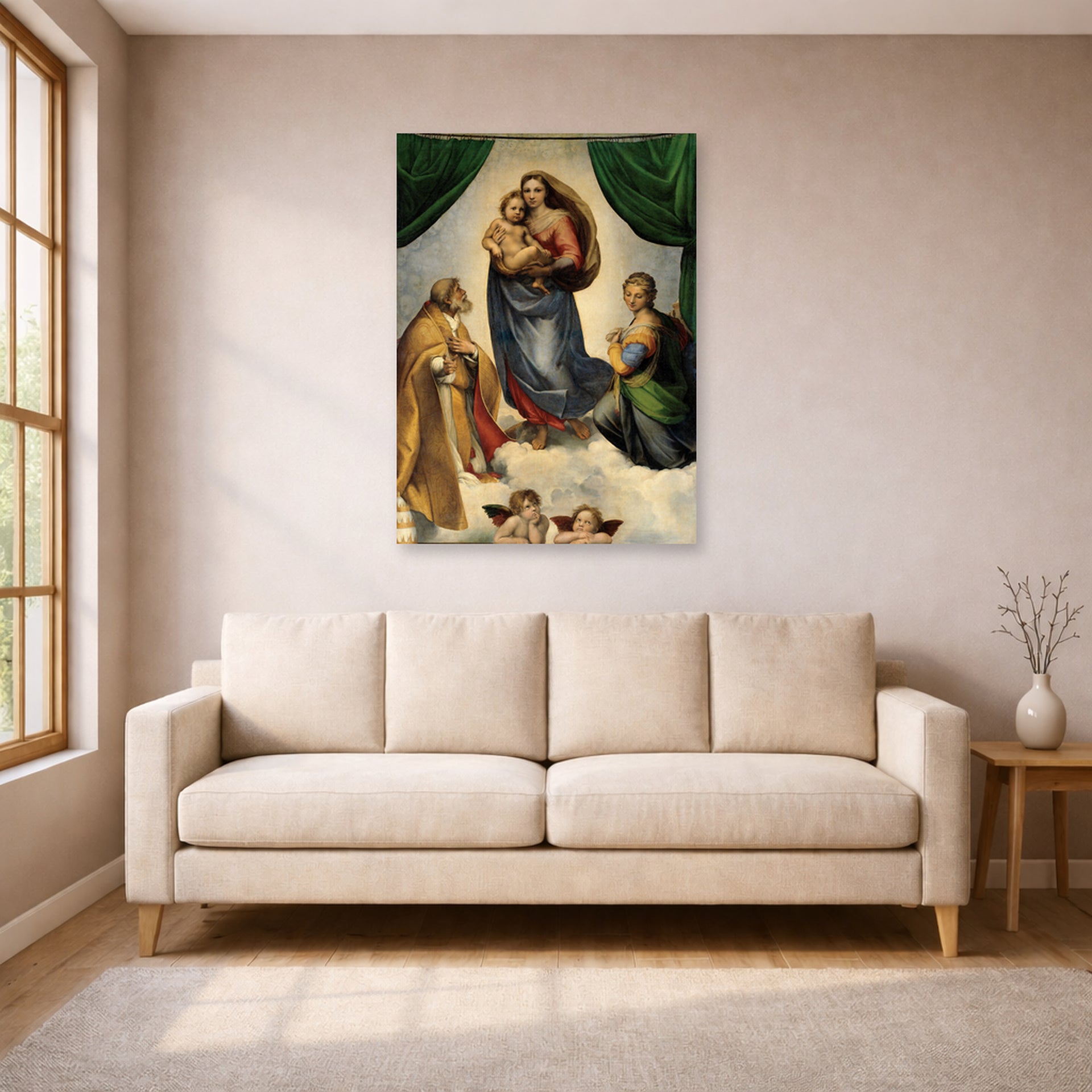 Unframed poster print of Raphael's Sistine Madonna displayed on a wall in a living room