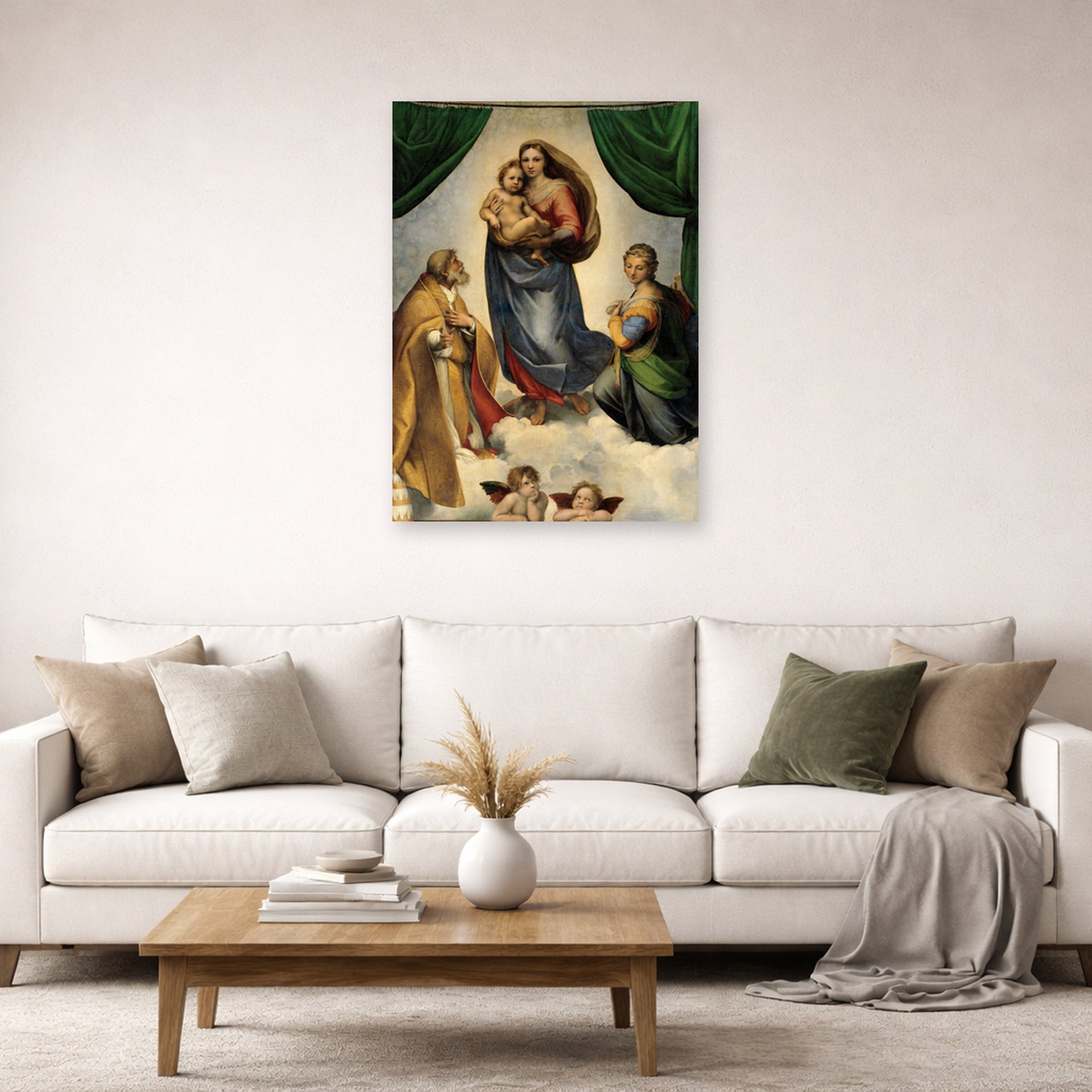 Unframed poster print of Raphael's Sistine Madonna displayed on a wall in a living room
