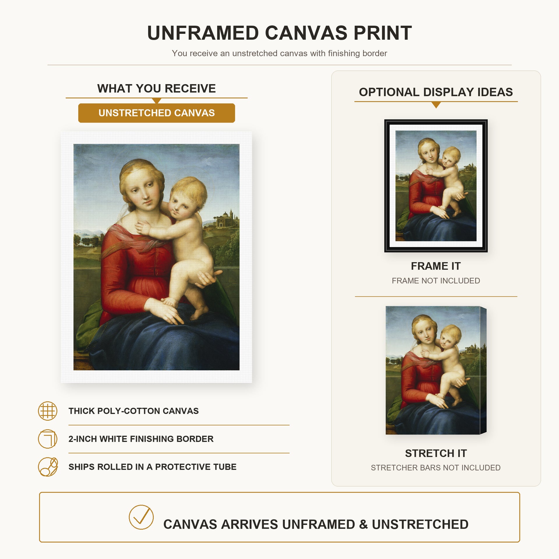 Raphael - Small Cowper Madonna canvas print size comparison and framing display infographic