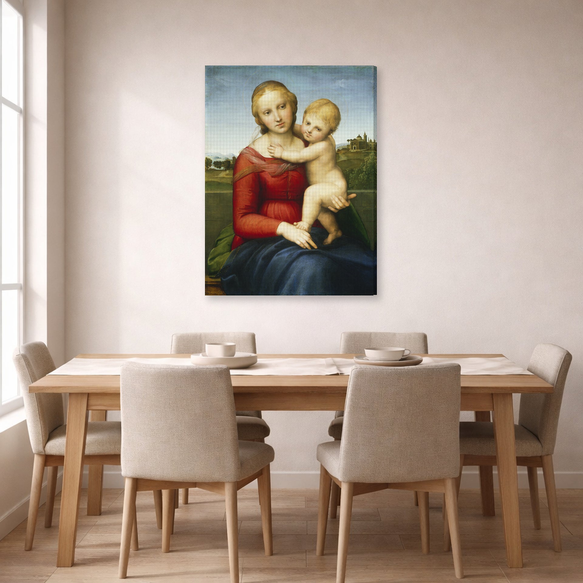 Gallery-wrapped canvas print of Raphael's Small Cowper Madonna displayed on a wall in a dining