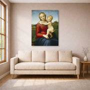 Gallery-wrapped canvas print of Raphael's Small Cowper Madonna displayed on a wall in a living room