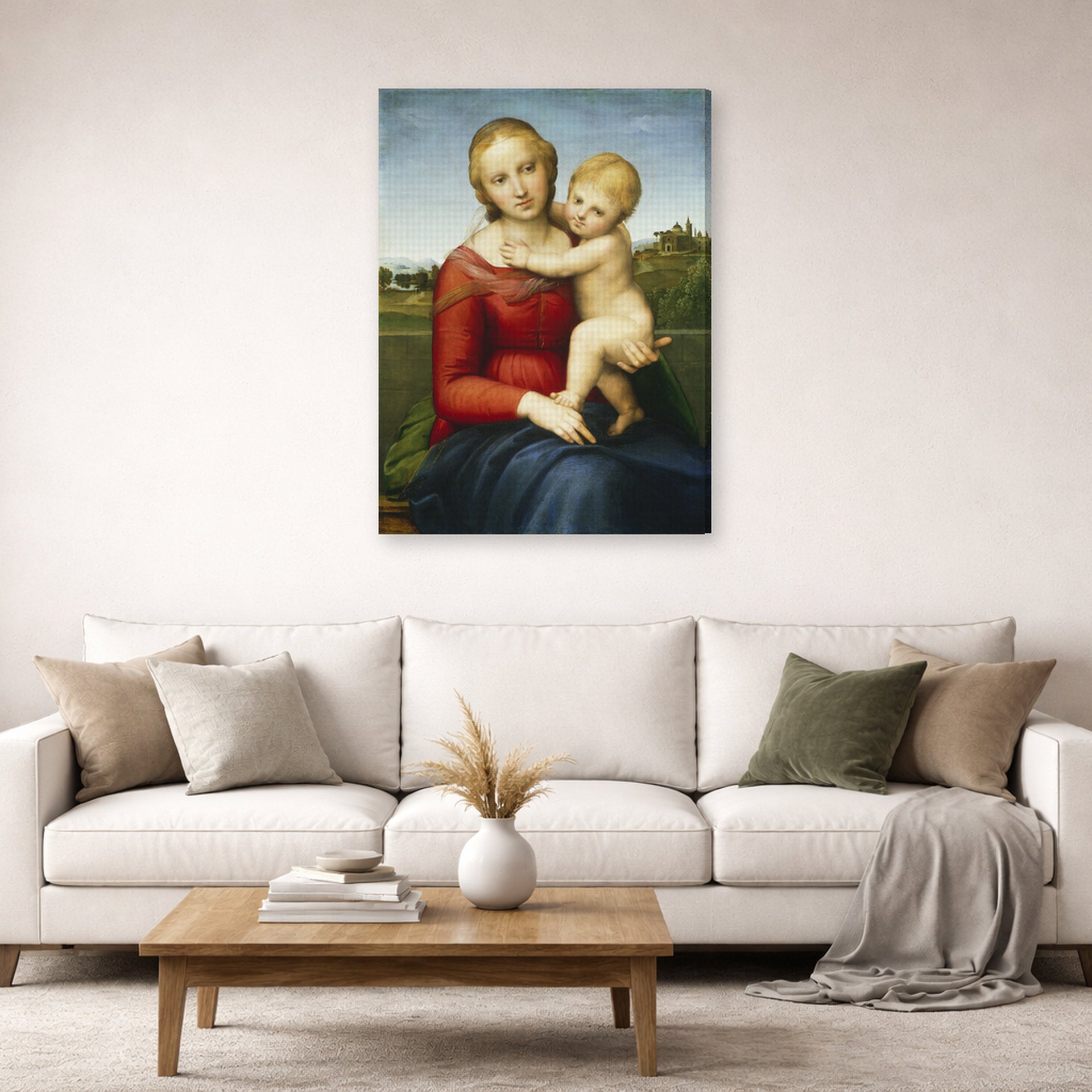 Gallery-wrapped canvas print of Raphael's Small Cowper Madonna displayed on a wall in a living room