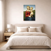 Unframed poster print of Raphael's Small Cowper Madonna displayed on a wall in a bedroom