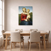 Unframed poster print of Raphael's Small Cowper Madonna displayed on a wall in a dining