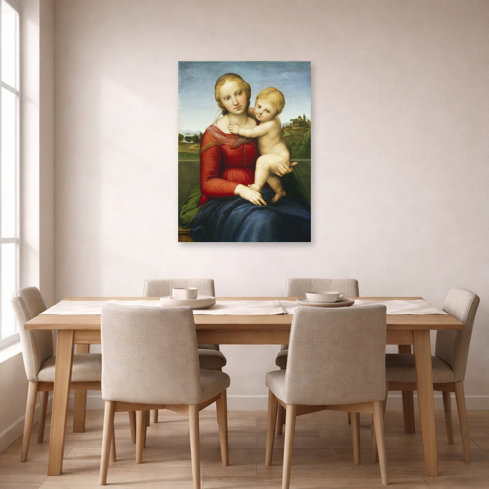 Unframed poster print of Raphael's Small Cowper Madonna displayed on a wall in a dining