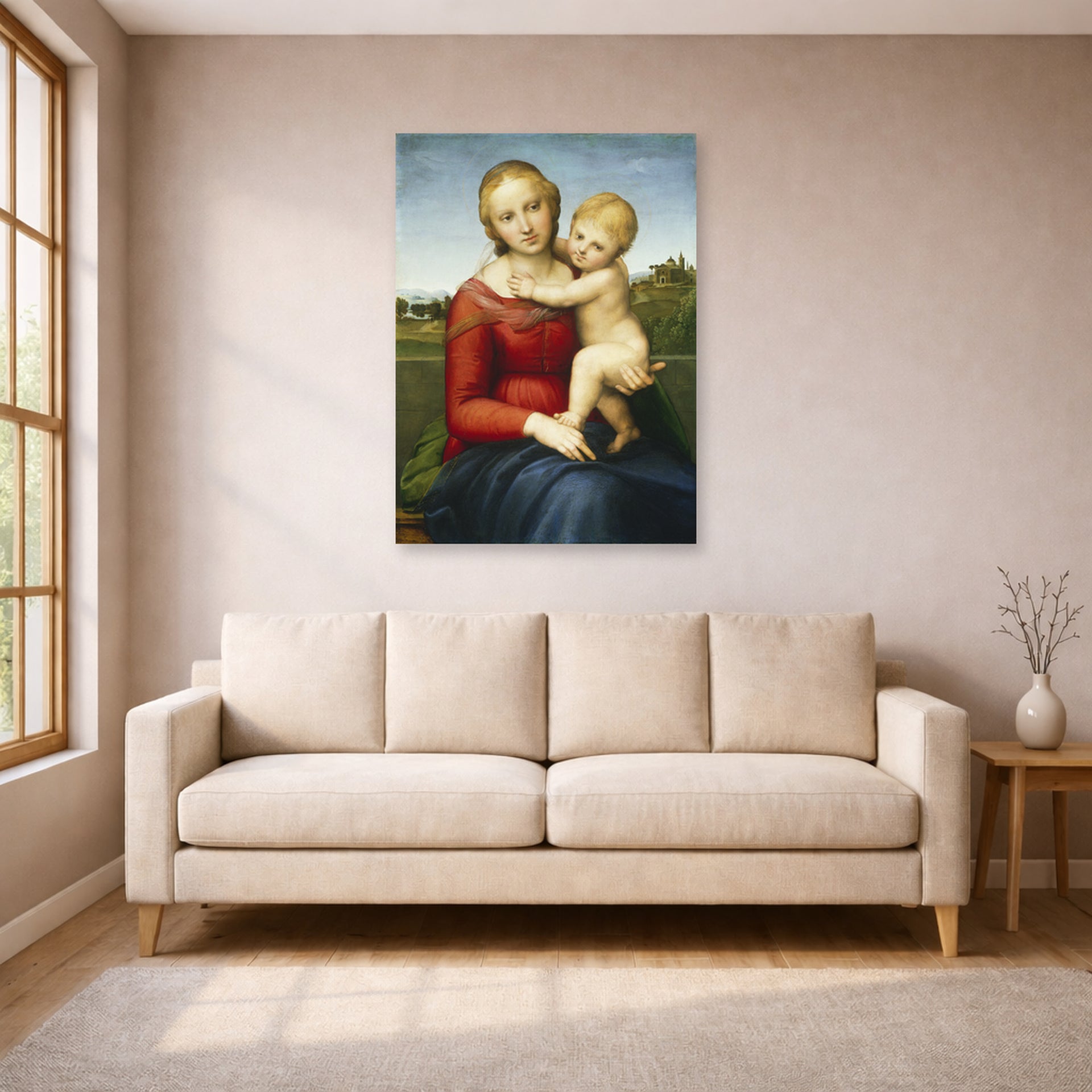 Unframed poster print of Raphael's Small Cowper Madonna displayed on a wall in a living room