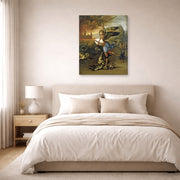 Gallery-wrapped canvas print of Raphael's St. Michael displayed on a wall in a bedroom