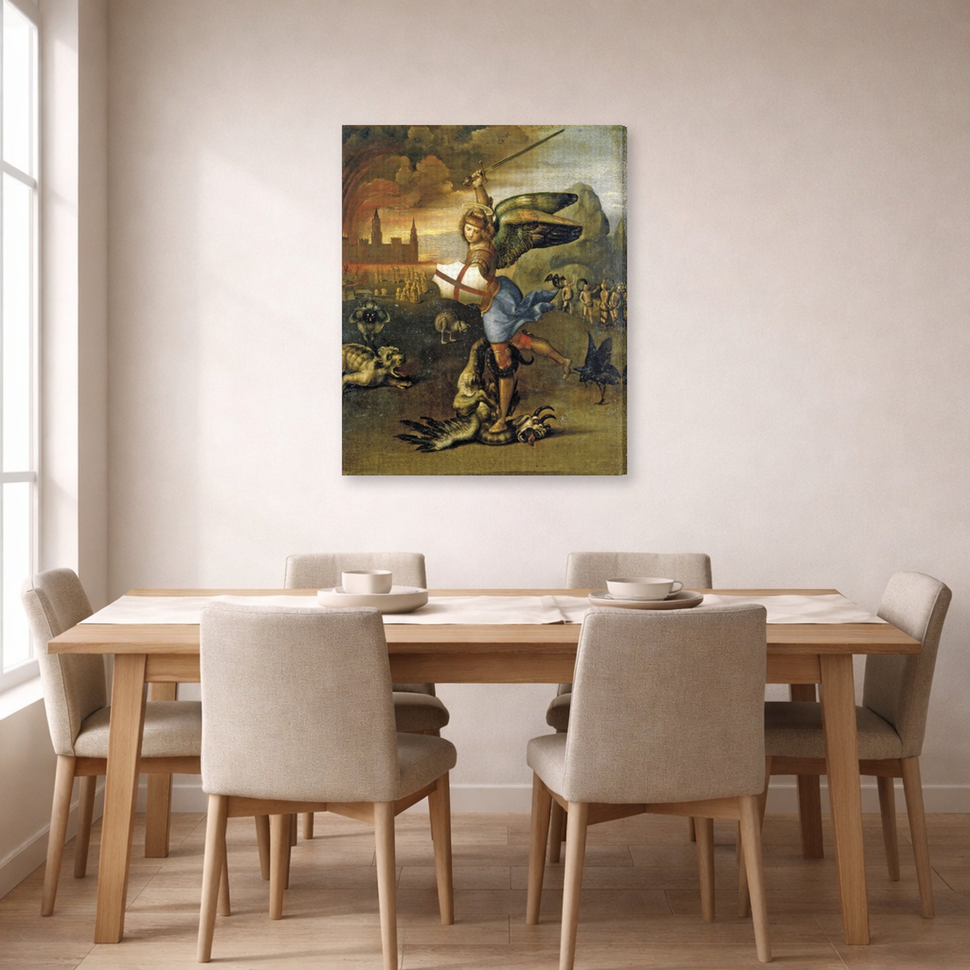 Gallery-wrapped canvas print of Raphael's St. Michael displayed on a wall in a dining