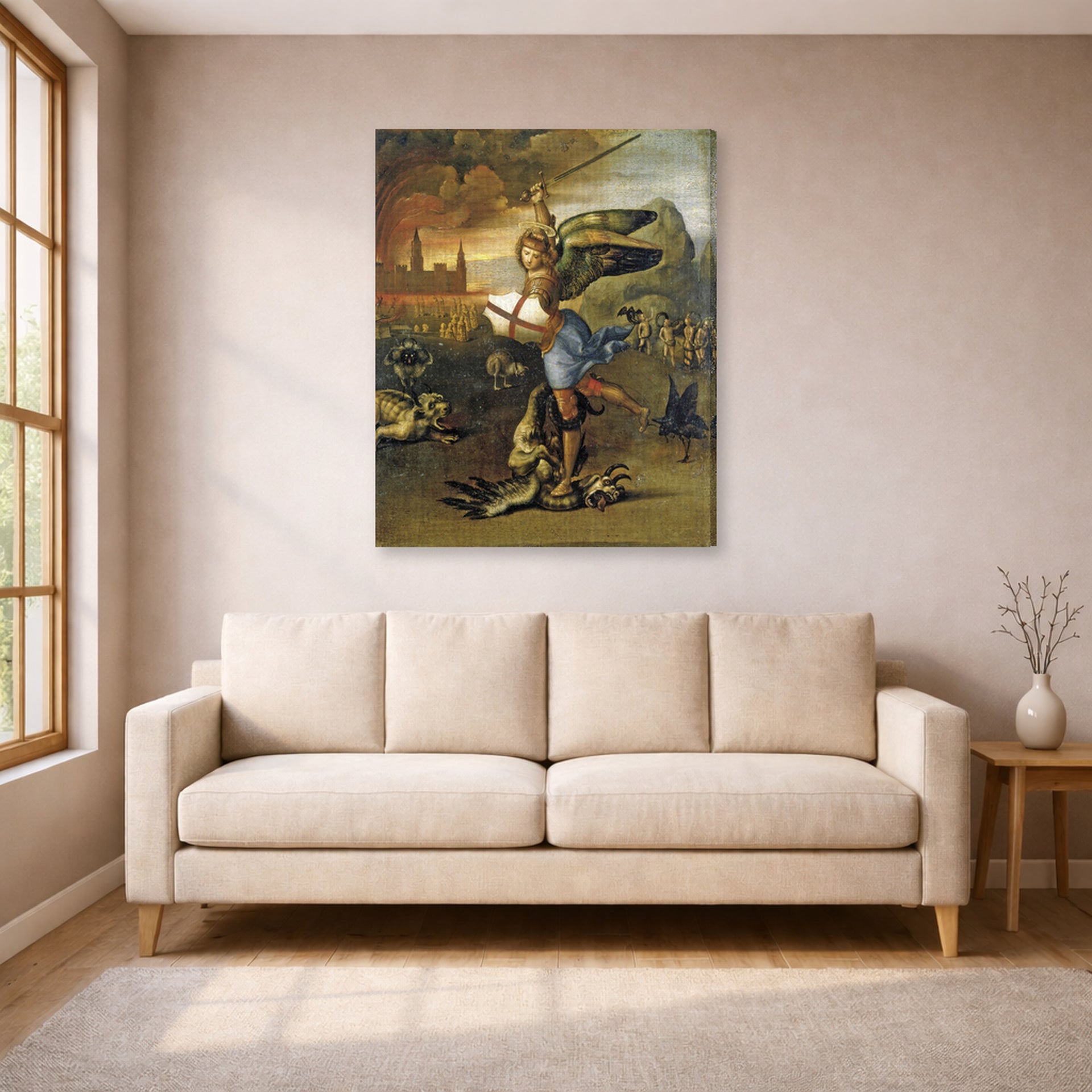 Gallery-wrapped canvas print of Raphael's St. Michael displayed on a wall in a living room