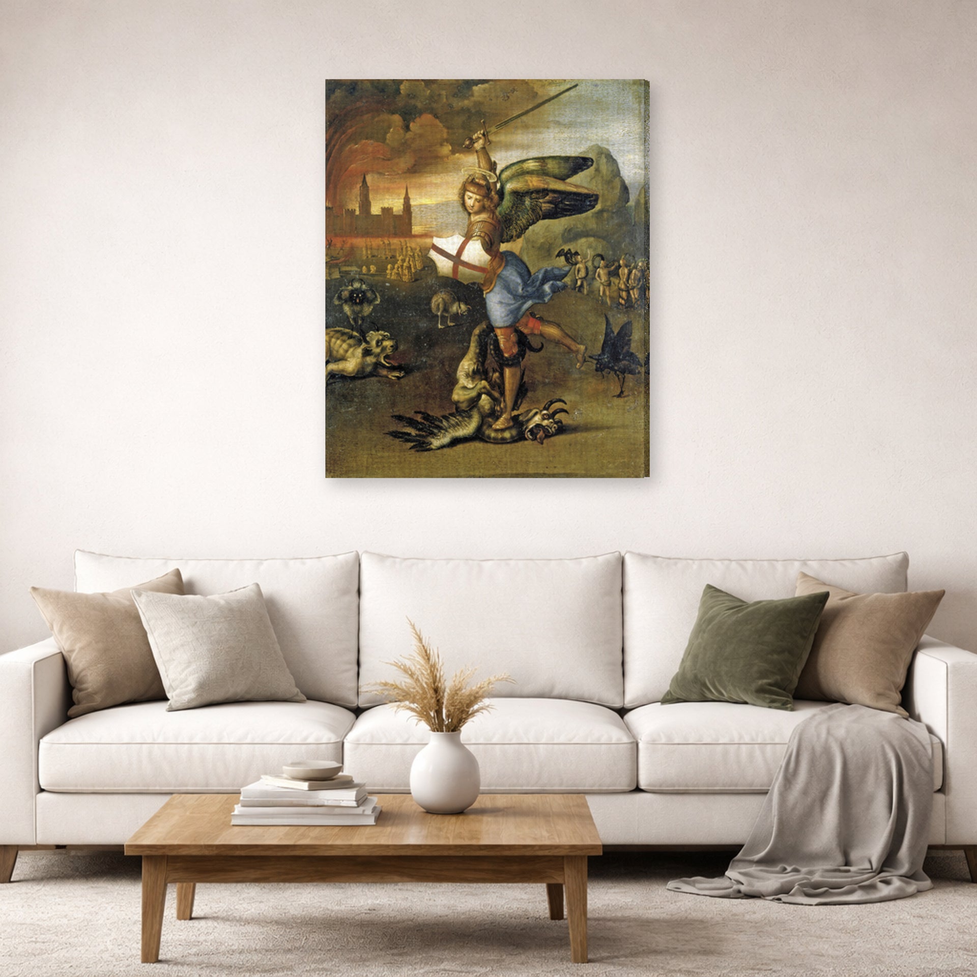 Gallery-wrapped canvas print of Raphael's St. Michael displayed on a wall in a living room