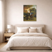 Unframed poster print of Raphael's St. Michael displayed on a wall in a bedroom