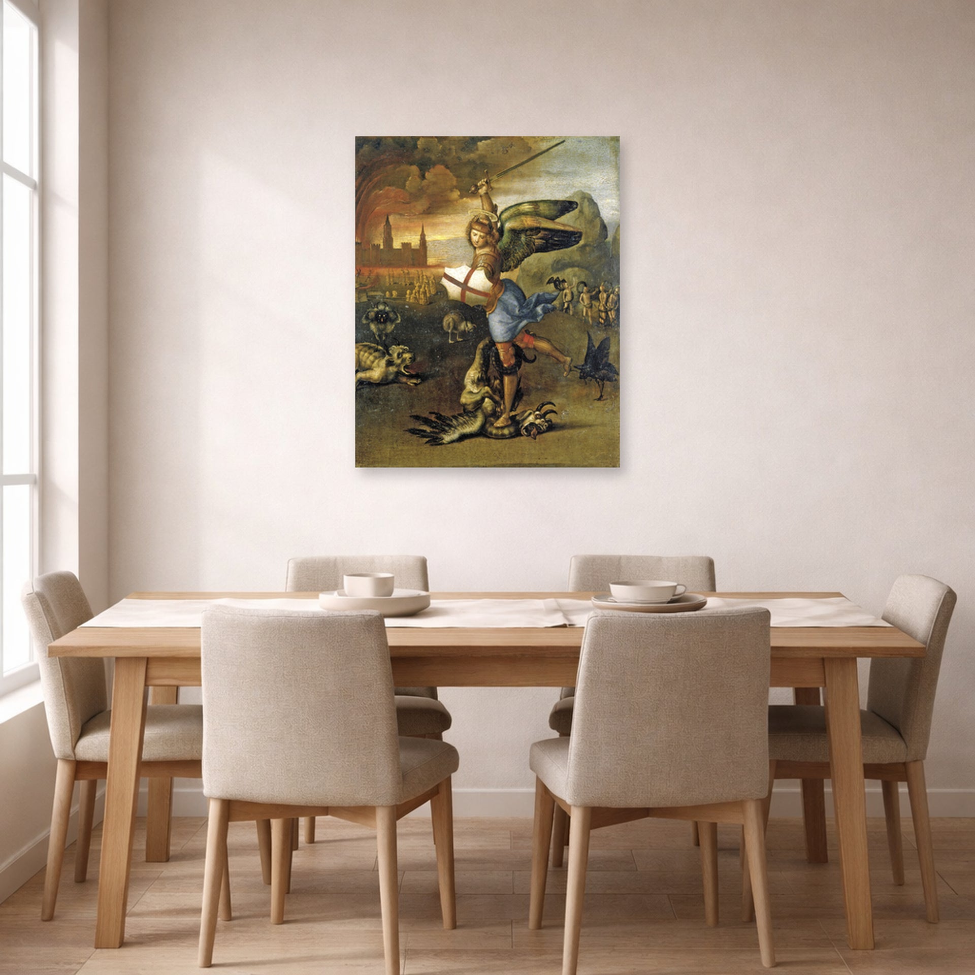 Unframed poster print of Raphael's St. Michael displayed on a wall in a dining