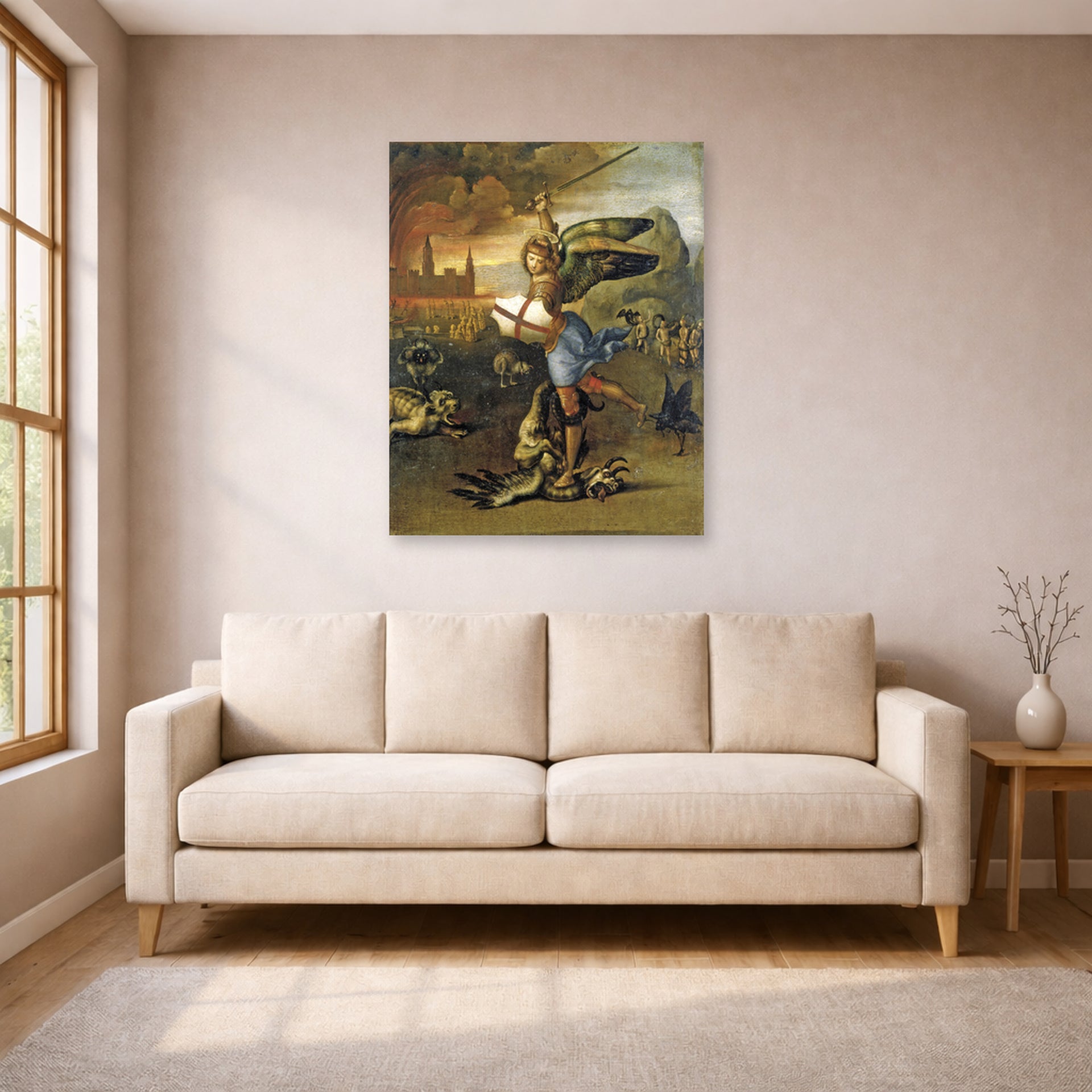 Unframed poster print of Raphael's St. Michael displayed on a wall in a living room