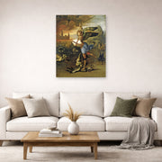 Unframed poster print of Raphael's St. Michael displayed on a wall in a living room