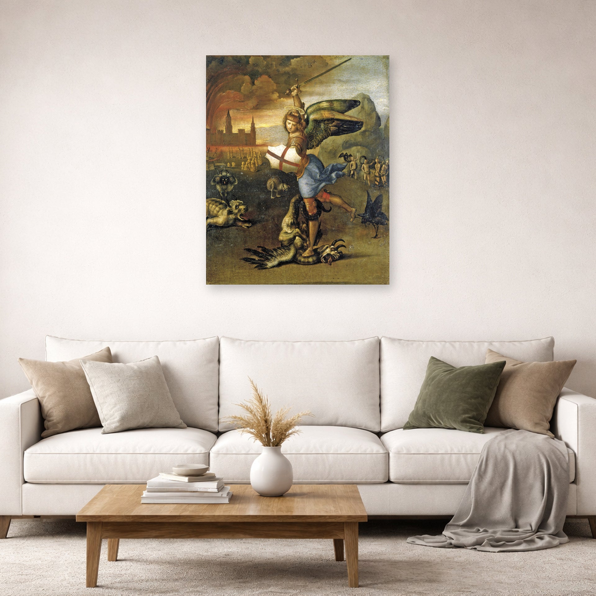 Unframed poster print of Raphael's St. Michael displayed on a wall in a living room