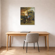Unframed poster print of Raphael's St. Michael displayed on a wall in a office