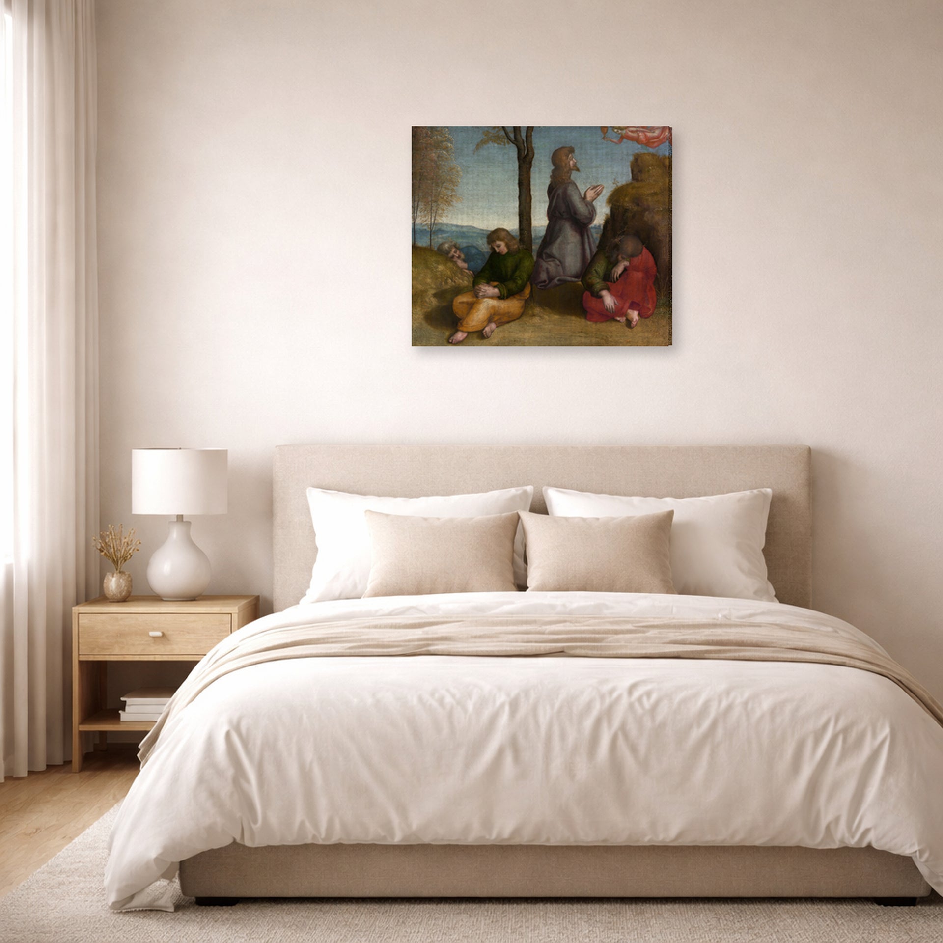 Gallery-wrapped canvas print of Raphael's The Agony in the Garden displayed on a wall in a bedroom
