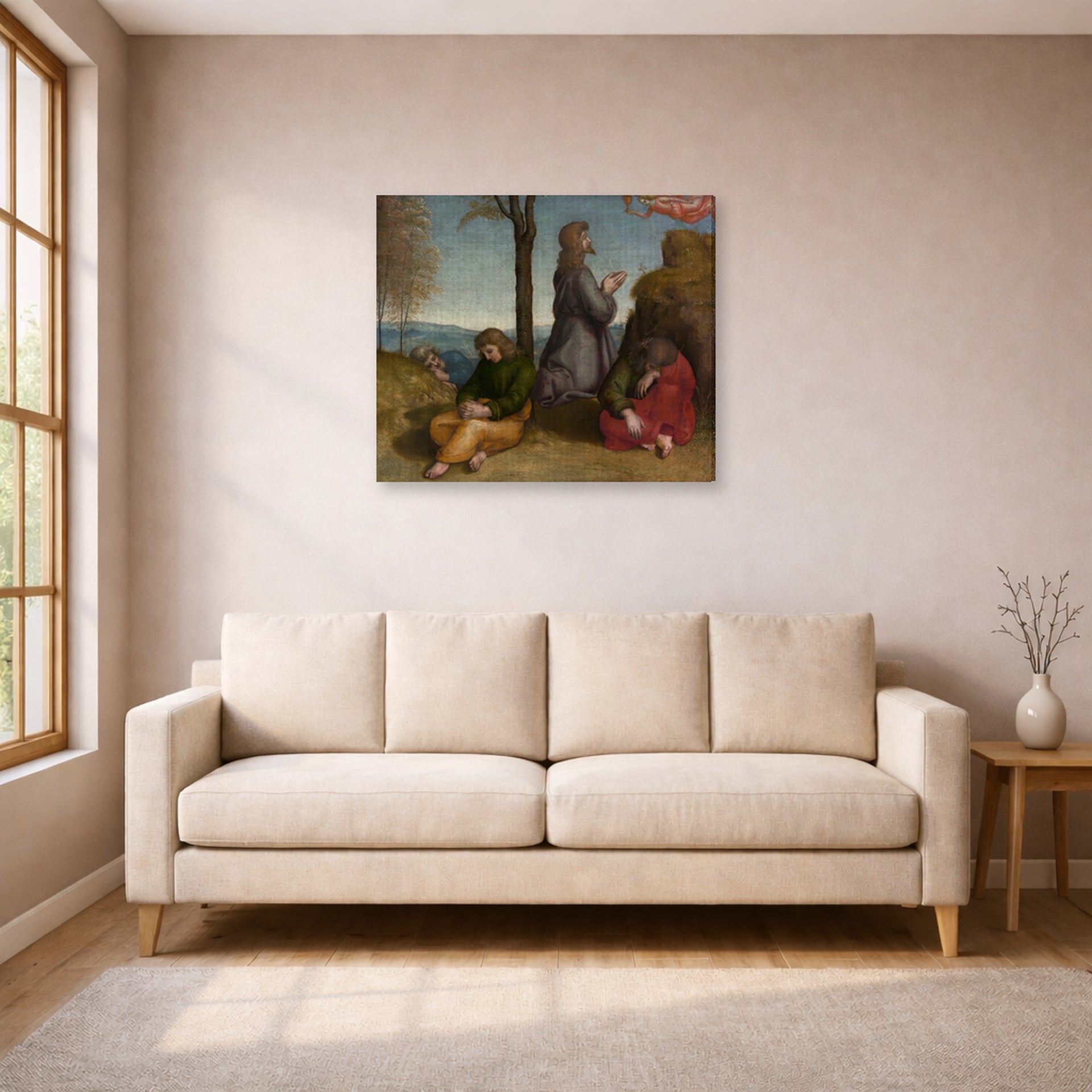 Gallery-wrapped canvas print of Raphael's The Agony in the Garden displayed on a wall in a living room