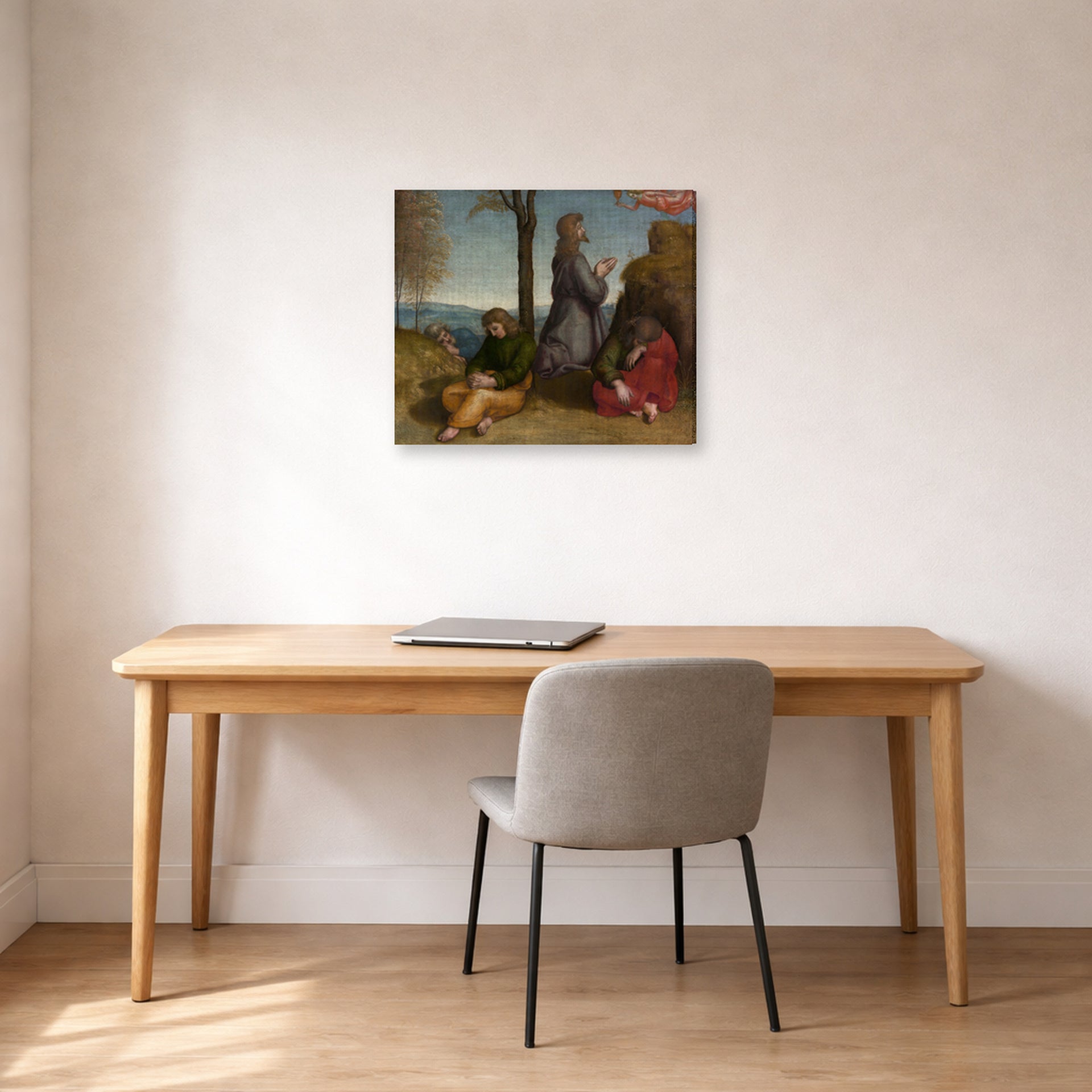 Gallery-wrapped canvas print of Raphael's The Agony in the Garden displayed on a wall in a office
