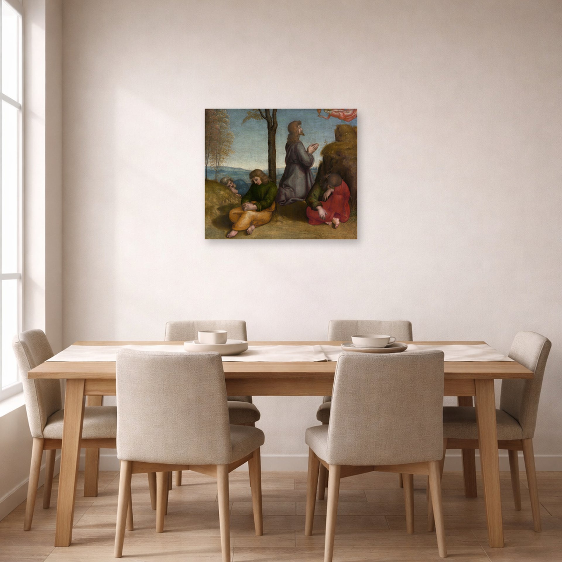 Unframed poster print of Raphael's The Agony in the Garden displayed on a wall in a dining