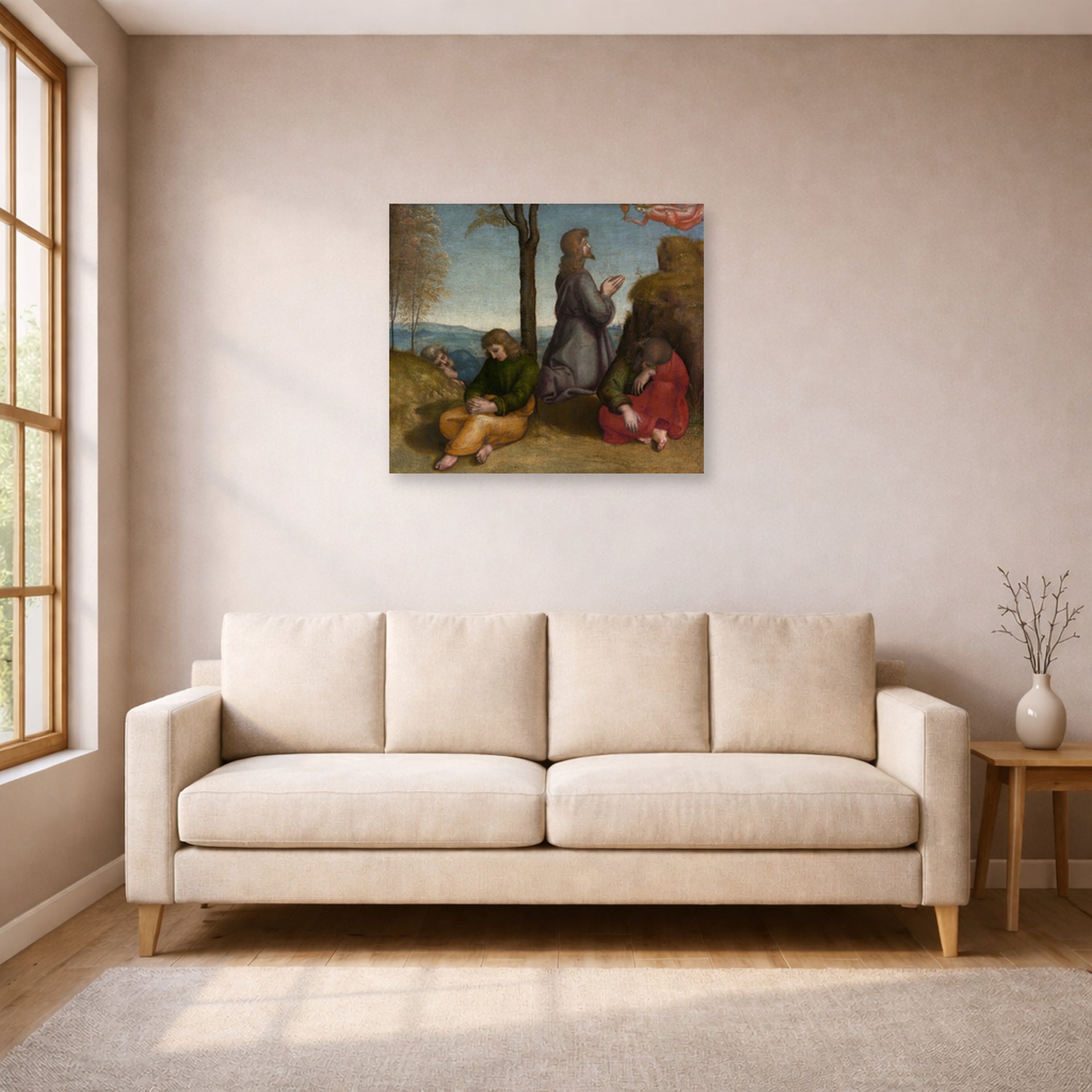 Unframed poster print of Raphael's The Agony in the Garden displayed on a wall in a living room