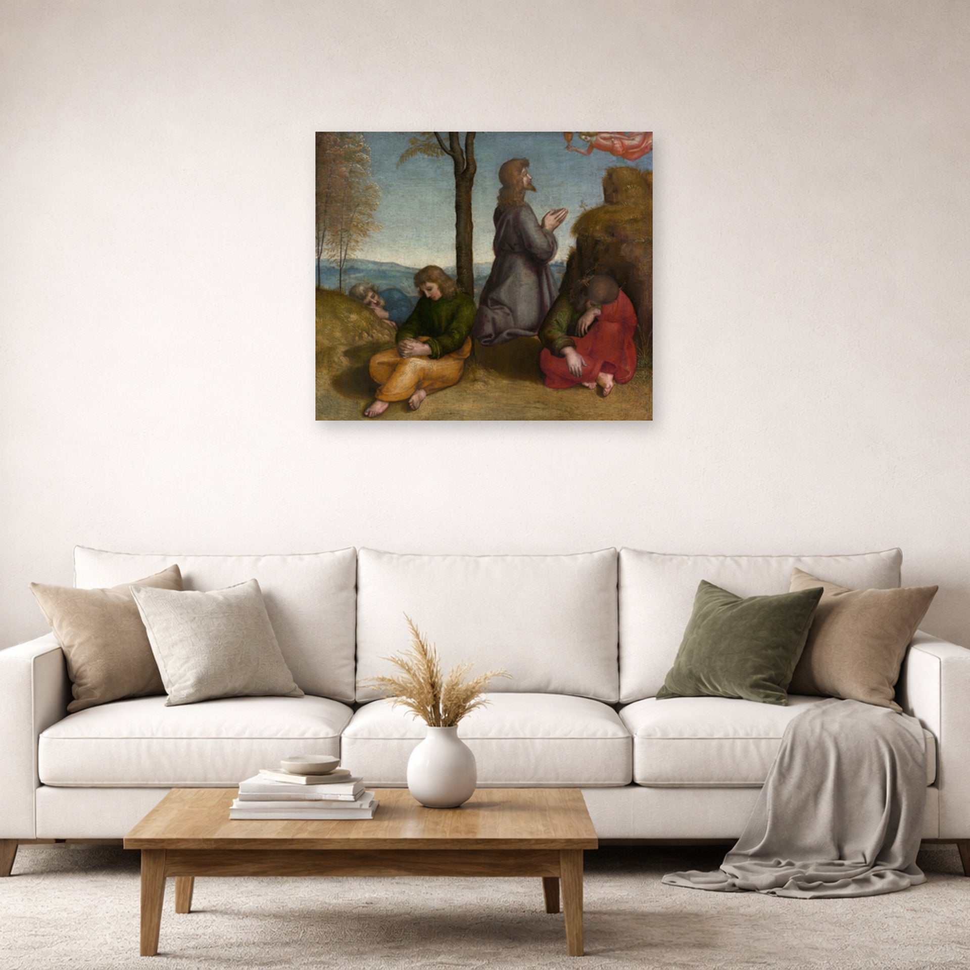 Unframed poster print of Raphael's The Agony in the Garden displayed on a wall in a living room