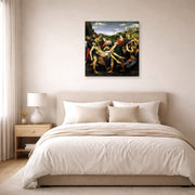 Gallery-wrapped canvas print of Raphael's The Deposition displayed on a wall in a bedroom
