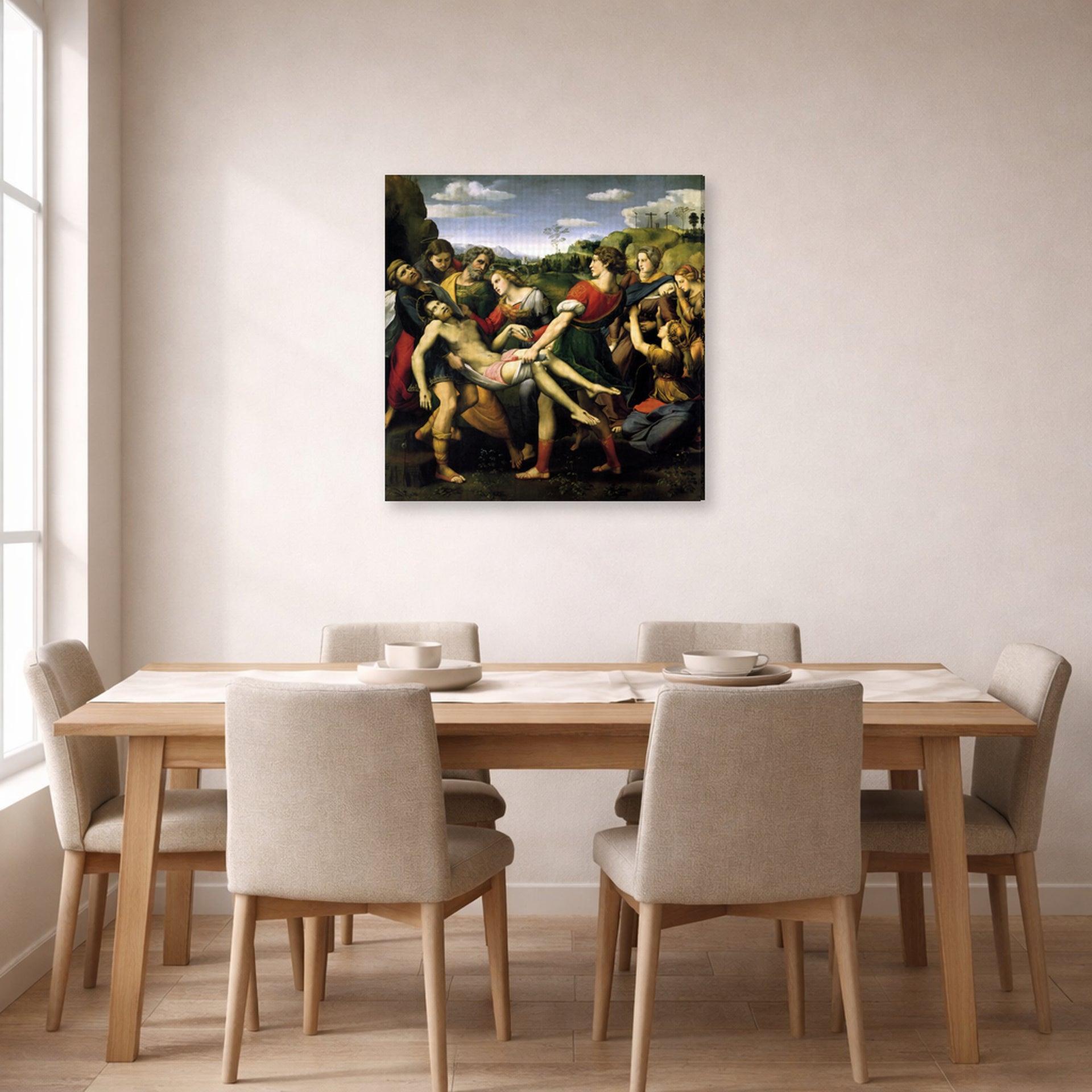 Gallery-wrapped canvas print of Raphael's The Deposition displayed on a wall in a dining