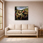 Gallery-wrapped canvas print of Raphael's The Deposition displayed on a wall in a living room
