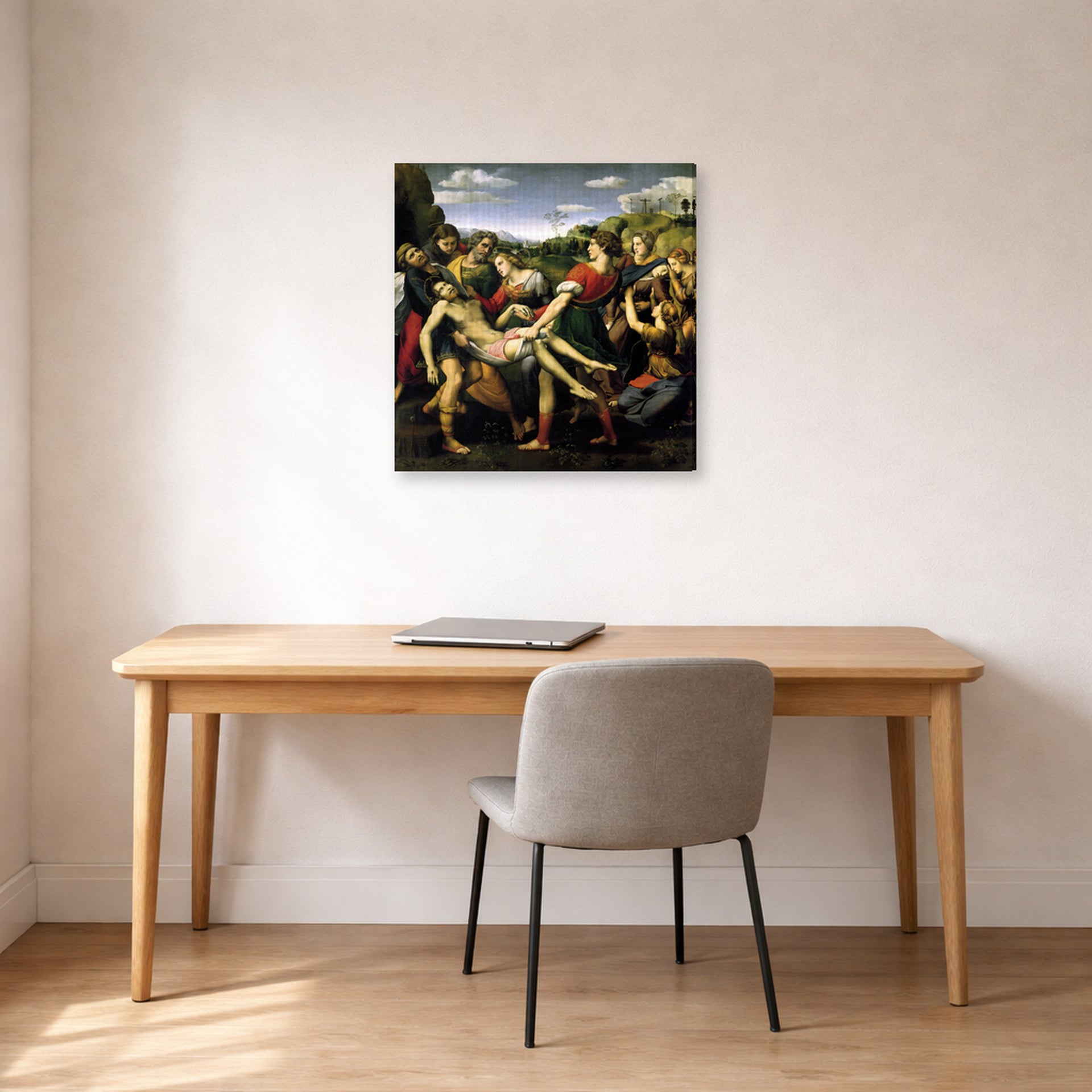 Gallery-wrapped canvas print of Raphael's The Deposition displayed on a wall in a office