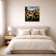 Unframed poster print of Raphael's The Deposition displayed on a wall in a bedroom
